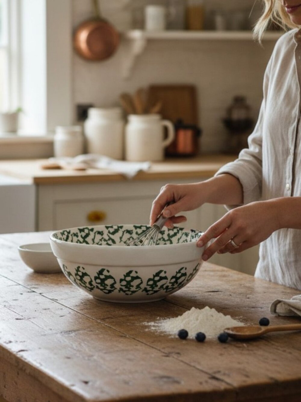 Green & White Country Kitchen 11" Large Mixing Bowl, Unbranded, Spongeware??